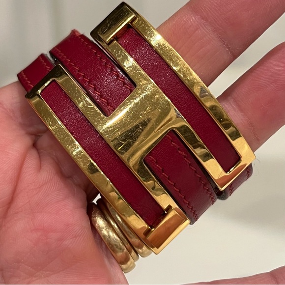 Hermès Gold Plated Pousse Pousse H slide bracelet red leather Authentic - Picture 2 of 16